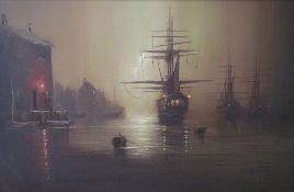 Hilton A harbour scene Oil on canvas Signed Together with another oil painting of ships at sea