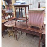 A Victorian mahogany side table together with a loom laundry basket, an occasional table,