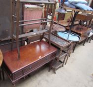 A Dynatron cabinet together with a towel rail, tea trolley, carved panel,