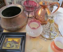A large copper jardiniere together with a copper jug, glass hanging gas light,