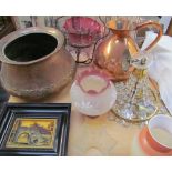 A large copper jardiniere together with a copper jug, glass hanging gas light,