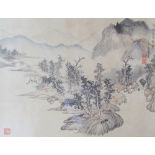 A Chinese silkwork picture, together with a print, tram and coasters,