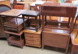 A pine bedside cabinet together with a tea trolley, a mahogany side table,