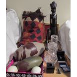 Hardstone ovals together with a rug, African figure, glass decanters, lemon quartz crystal,