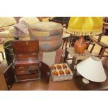 An oak pipe cabinet with drawers together with a brass coal bucket, two pouffe's, a magazine rack,