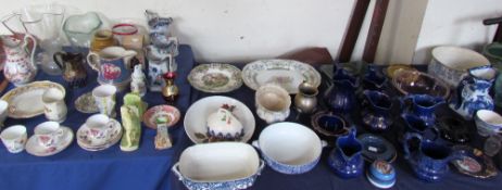 Assorted pottery jugs together with glass vases,