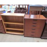 An Ercol bookcase together with a teak chest of drawers and a stool