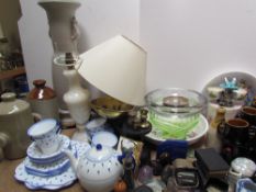 A large lot including a Japanese part tea set together with a glass decanter, glass vases,