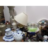 A large lot including a Japanese part tea set together with a glass decanter, glass vases,