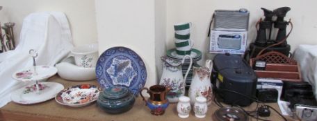 A slipper bed pan together with a cake stand, Vallauris pottery box and cover, copper lustre jug,