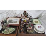 Staffordshire type figures together with assorted plates,