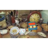 Silver backed clothes brushes together with chess sets, a postman clock, kettles,