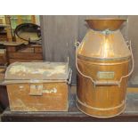 A Copper 5 Gallon churn together with a tin box