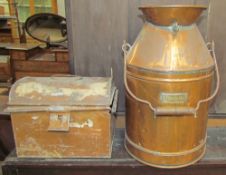 A Copper 5 Gallon churn together with a tin box