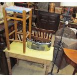 A pine side table together with a stool,