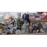 A collection of CD's and DVD's together with pharmacy bottles and jars, Tiffany style table lamp,