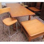 A pine refectory dining table together with a modern oak coffee table and a bar stool