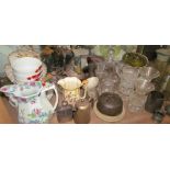 A pottery part dinner set, together with pottery jugs, decanter stand, pottery birds,