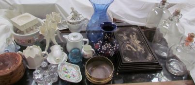Demi johns together with a large glass vase, pottery vase, graduated chinoiserie decorated trays,