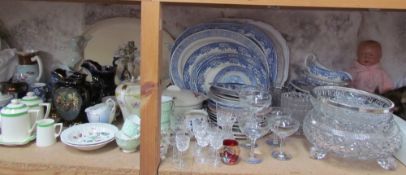 Fur stoles together with Babycham glasses, glass bowls, blue and white meat plates,