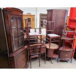 A reproduction mahogany standing corner cupboard together with a set of three mahogany bedroom
