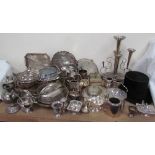 Assorted electroplated wares including an epergne, pedestal dishes, teapots, sauce boat,
