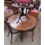 A Victorian burr walnut supper table together with a Victorian rosewood balloon back dining chair,