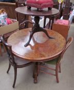 A Victorian burr walnut supper table together with a Victorian rosewood balloon back dining chair,