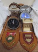 A Comitti mahogany mantle clock together with a Bentima 8-day clock, A Rhythm alarm clock,
