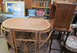 A Wicker conservatory table and two chairs together with an oak occasional table and a bergère