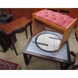 A tiled top coffee table together with a mahogany card table and a piano stool