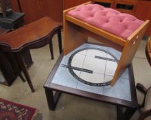 A tiled top coffee table together with a mahogany card table and a piano stool