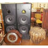 A 20th century walnut mantle clock together with a Chinese pottery vase and a pair of speakers