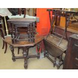 A Victorian pine tea table together with an oak nest of three tables,