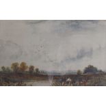 In the style of Thomas Collier Men fishing on a river Watercolour Together with framed posters and