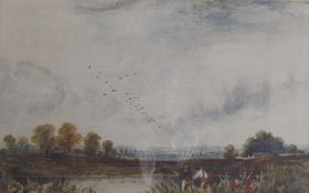 In the style of Thomas Collier Men fishing on a river Watercolour Together with framed posters and