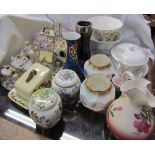 A collection of Coalport cottages together with Masons ginger jars and covers, assorted vases,