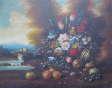 20th Century British School Still life study of flowers and fruit Oil on canvas A pair