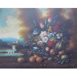 20th Century British School Still life study of flowers and fruit Oil on canvas A pair