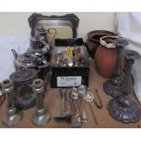 A pair of electroplated candlesticks together with electroplated flatwares, teapots,