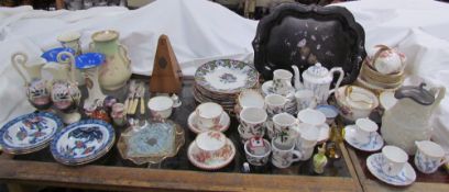 A mother of pearl inlaid lacquer tray together with an Aynsley part tea set, other part tea sets,