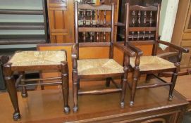A pair of 19th century style child's chairs with spindle back and rush seats together with a