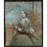 19th Century British School Three quarter length portrait of a lady in a green dress,