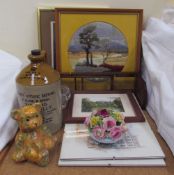 A woolwork together with prints, floral centrepiece, Crown Botanic Brewery stoneware bottle,