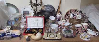 A pair of Staffordshire greyhound pen stands together with a Foley china part tea set,