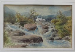 David Bates A Cottage by a river Watercolour Signed 14 x 22.
