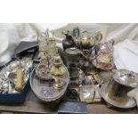 Assorted electroplated wares including teapots, flatwares, cruet set,