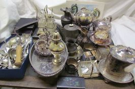 Assorted electroplated wares including teapots, flatwares, cruet set,
