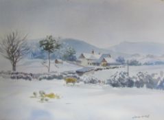 Vernon H Hill A snowy landscape Watercolour Signed together with another by the same hand a Mo