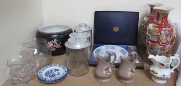 Wright and sons Ltd storage jars together with a pair of Japanese vases,